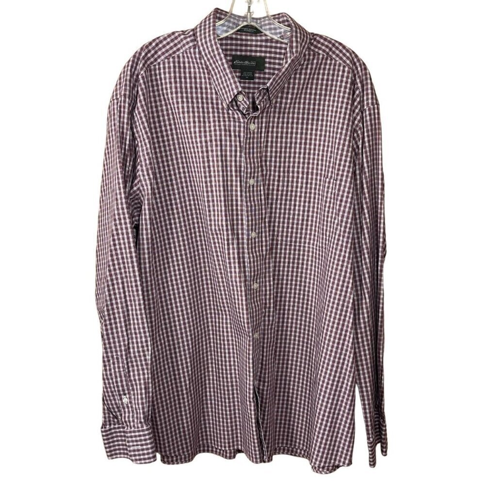 Eddie Bauer Men's Button Front Shirt Red White Plaid Relaxed Fit Cotton Size XXL